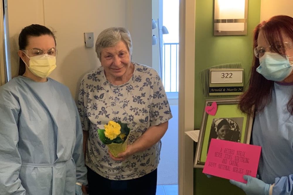 Resident celebrating Mother's Day at Azpira Place of Lake Zurich in Lake Zurich, Illinois