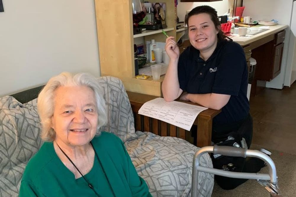 Resident and employee at Oak Hill Supportive Living Community in Round Lake Beach, Illinois