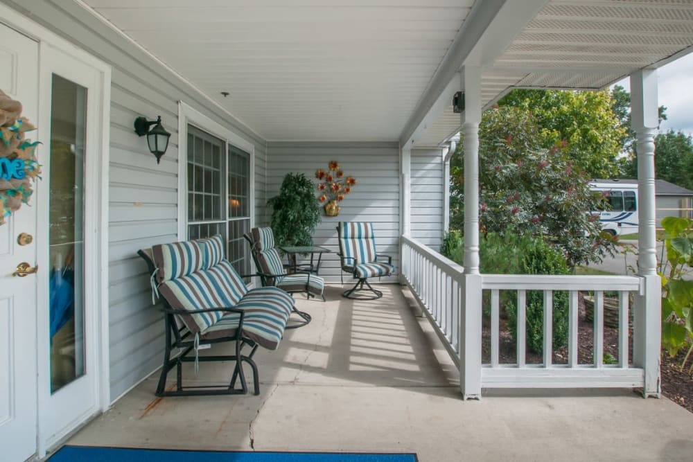 Inviting front deck at Carriage Court of Marysville in Marysville, Ohio.