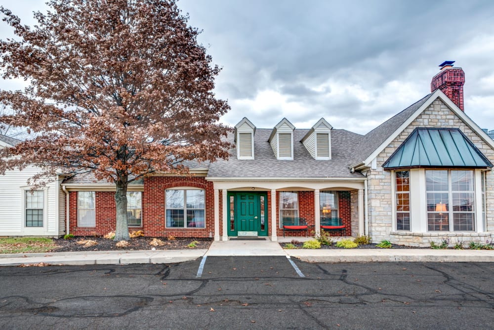 Cheerful exterior to upscale senior living facility at Carriage Court of Lancaster in Lancaster, Ohio