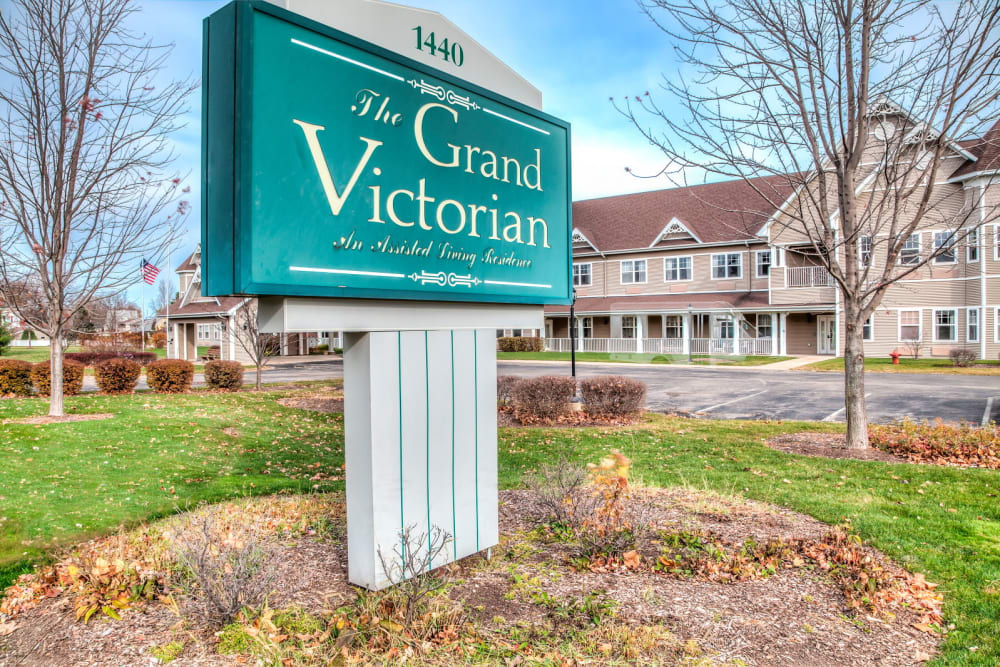 Emerald sign outside upscale senior living facility at Grand Victorian of Sycamore in Sycamore, Illinois