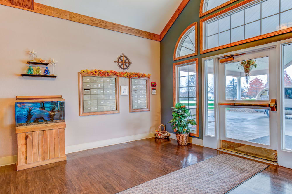 Inviting front entrance with mailboxes at Brookstone Estates of Charleston in Charleston, Illinois.
