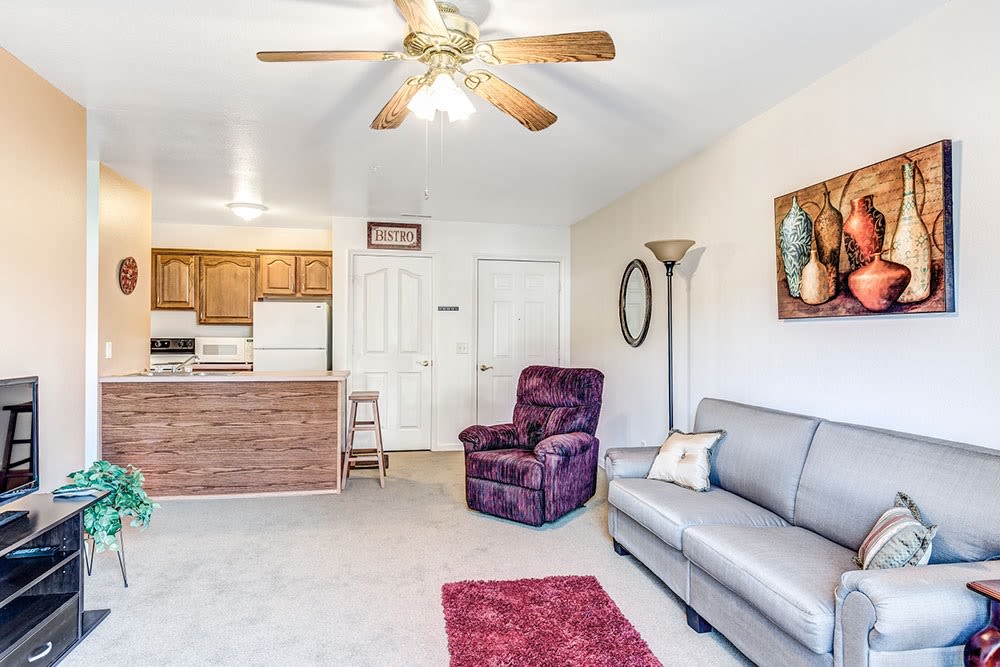 Brightly lit living room in senior apartment at Brookstone Estates of Mattoon South in Mattoon, Illinois