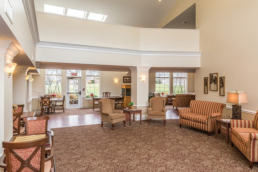 Brightly lit lounge area at Reflections Retirement in Lancaster, Ohio. 