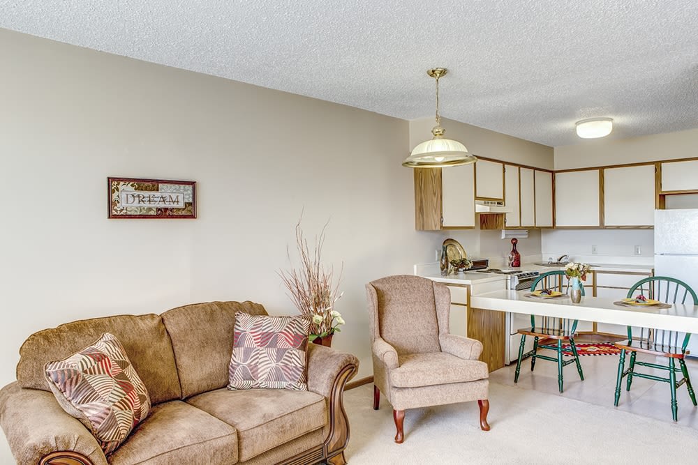 Kitchen area in senior living apartment at Reflections Retirement in Lancaster, Ohio.
