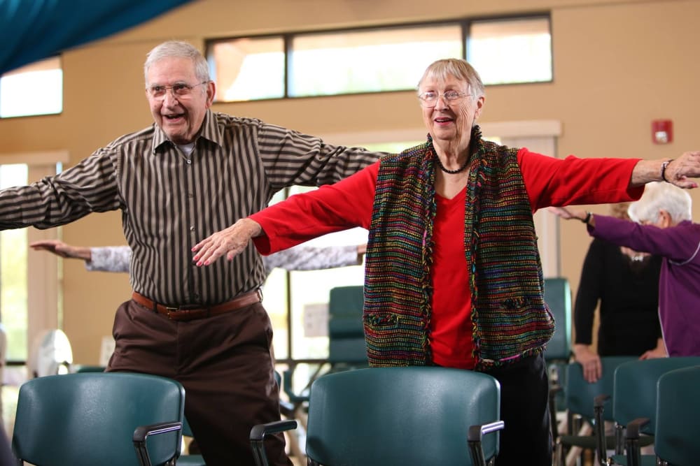 Two residents enjoying exercise at Brookstone Estates of Paris in Paris, Illinois