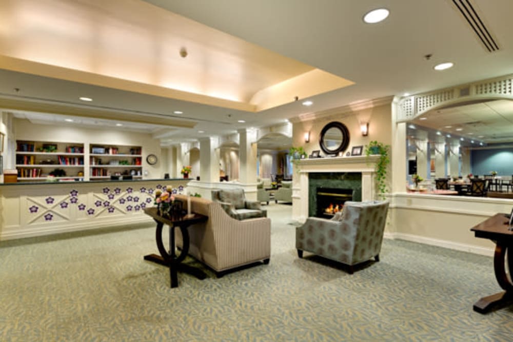 Fireplace lounge at Carriage Court of Kenwood in Cincinnati, Ohio.