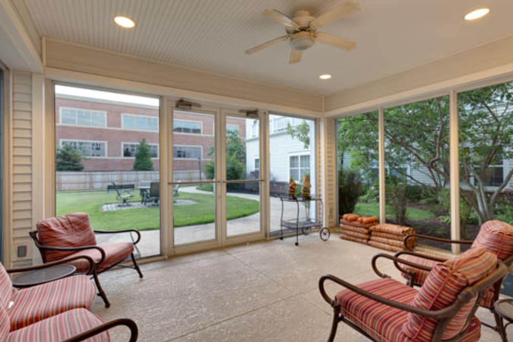 Enclosed comfortable deck area at Carriage Court of Kenwood in Cincinnati, Ohio.
