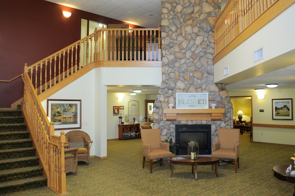 stairwell with fireplace