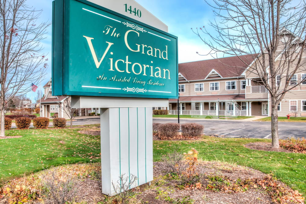 Emerald front sign of upscale senior living facility at Grand Victorian of Sycamore in Sycamore, Illinois