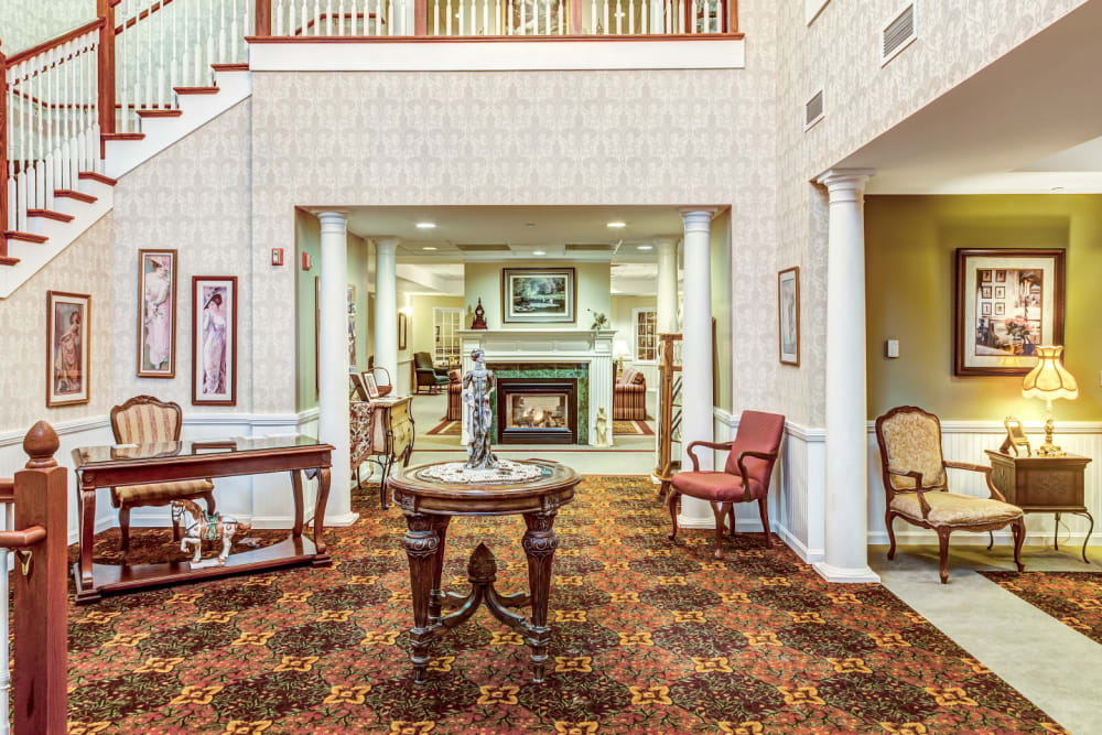 Impressive front lobby of upscale senior living facility at Grand Victorian of Rockford in Rockford, Illinois